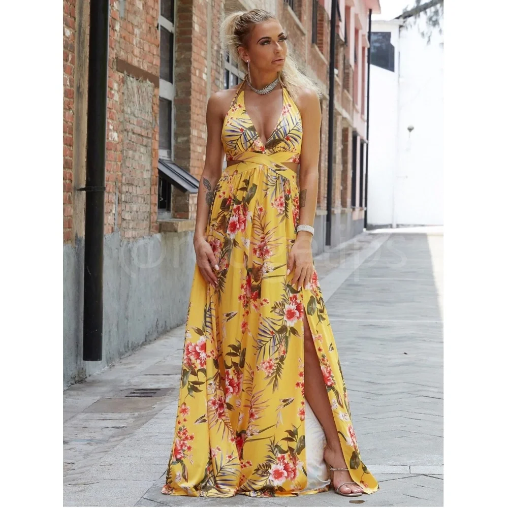 Yellow Floral Tropical Print Maxi Dress V-Neck Backless Leg Slit - Picture 2 of 5